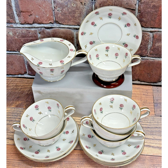 Vtg Noritake 6 Tea cups Saucers Creamer 5530 Pink Roses Green Gold Leaves 1954